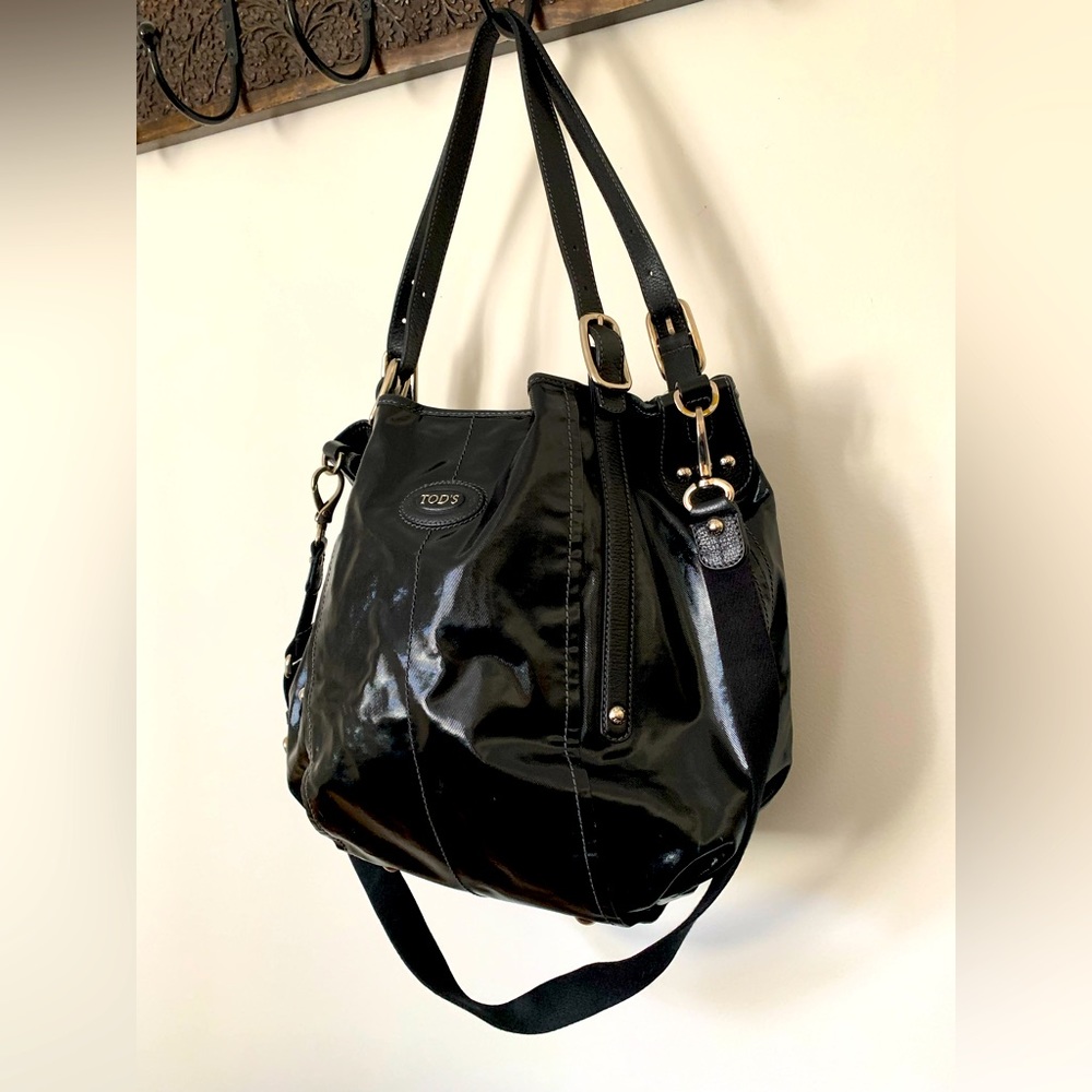 TOD’S G-Line Sacca Black Patent Leather Tote Crossbody Bag with Dust Bag - Picture 5 of 14